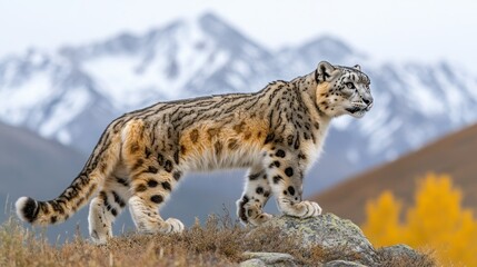Obraz premium A snow leopard stands on a rock with mountains in the background, showcasing its natural habitat.