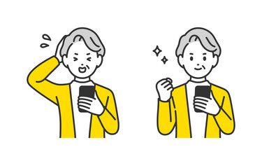 スマホを見て焦る･ガッツポーズをするシニア女性･高齢者のセット【人物ベクターイラスト素材】