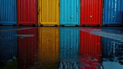 Close-up of multi-colored cargo containers stacked symmetrically, reflections on wet pavement after rain