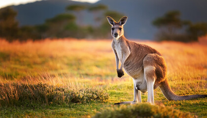 A majestic kangaroo standing tall in a field of tall grass at sunset.