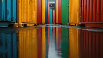 Obraz premium Close-up of multi-colored cargo containers stacked symmetrically, reflections on wet pavement after rain
