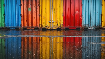 Obraz premium Close-up of multi-colored cargo containers stacked symmetrically, reflections on wet pavement after rain