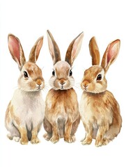 Obraz premium Collection of three watercolour paintings of brown cute rabbits isolated on white background, animal clipart bundle.