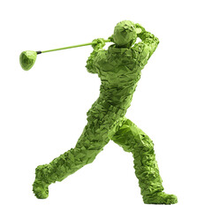 A figure in a dynamic golf swing pose, crafted from a textured green material, emphasizing motion and sportsmanship.