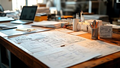 A closeup of a wood table with digital marketing strategy sketches