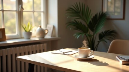 Warm Sunlight Illuminates a Serene Workspace with a Steaming Cup of Coffee and Open Notebooks on a Wooden Desk