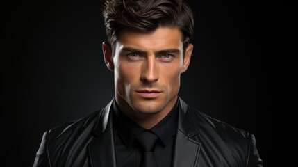 Fototapeta premium Mysterious Male Portrait: Alluring Gaze and Sharp Features in Black Attire