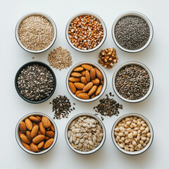 Fototapeta premium Varied Types of Nuts in Minimalist Flat Lay Arrangement on White Background