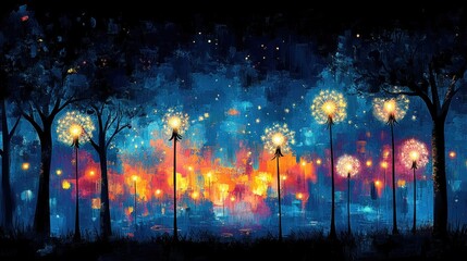 Magical night scene with glowing dandelion-like lights in a forest.
