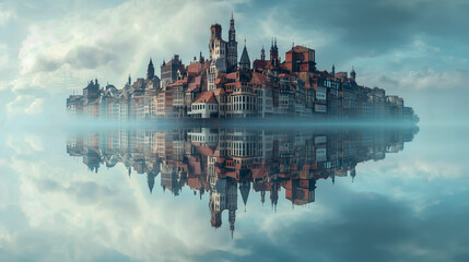 Naklejka premium dreamlike mirror city floating above a still lake, where every building reflects perfectly upside down, merging reality and illusion