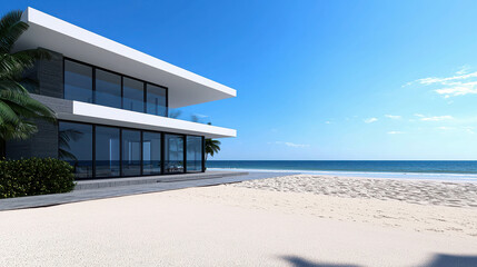 Fototapeta premium Modern Luxury Villa Overlooking Pristine Beach in Sunny Coastal Paradise