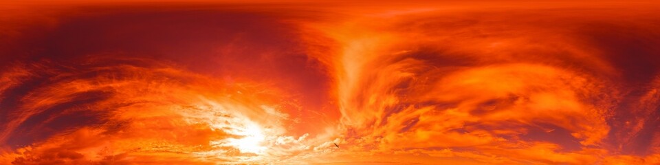 360 panorama of glowing sunset sky with bright pink Cirrus clouds. HDR 360 seamless spherical panorama. Full zenith or sky dome sky replacement for aerial drone panoramas. Climate and weather change.