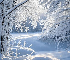 Winter panorama landscape with a snow-covered forest and trees at sunrise. A winter morning marking the beginning of a new day. Winter landscape with sunset, panoramic view