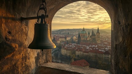 Fototapeta premium Landscape view of Prague and Strahov Monastery from a bell tower at St. Nicholas Church- Prague, Czech Republic