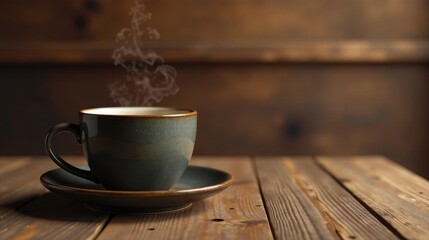 Aromatic Steam Rising from a Warm Drink in a Rustic Cup on a Wooden Table