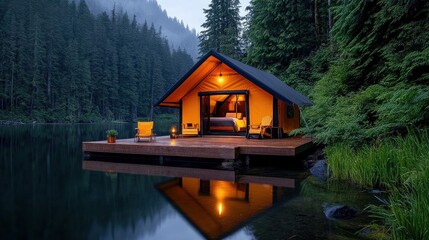 Obraz premium [Nature Retreats camping experiences wellness] Serene Lakefront Scene at Dusk, Cozy Cabin by Water's Edge
