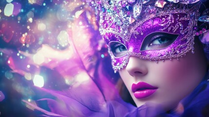 Naklejka premium Mysterious Masquerade: A captivating woman's face is partially obscured by an ornate, purple Venetian mask, set against a backdrop of sparkling purple lights and feathers. The image evokes mystery.