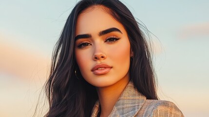 Fototapeta premium Golden Hour Beauty: A captivating portrait of a young woman with long, dark hair, her beauty enhanced by the warm glow of the setting sun. Her natural elegance shines through.