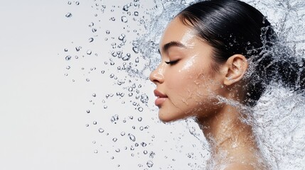 Naklejka premium Refreshed and Radiant: A woman's face is enveloped in a cascade of pure water, showcasing healthy, glowing skin. The image conveys a sense of cleanliness, hydration, and revitalization. 