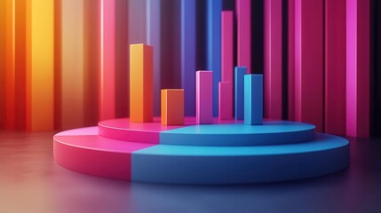 Obraz premium A colorful 3D bar chart displays data on circular platforms against a vibrant backdrop of vertical bars.