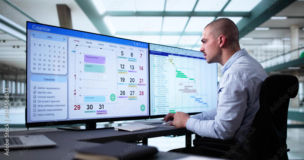 Aufkleber Managing Tasks And Schedules With Gantt Calendar On Computer Screen