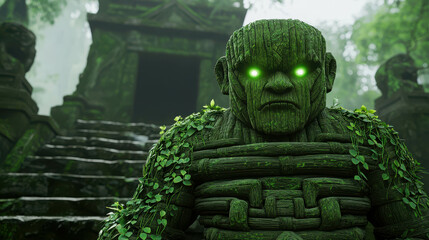 Mystical Guardian Figure Amidst Bamboo Forest and Ancient Temple Ruins