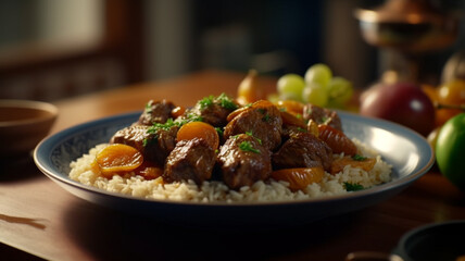 Arabic cuisine, Egyptian oriental Fettah with white rice and crispy bread topped with seasoned garlic red sauce,crispy fried garlic and Tempting Chicken Adobo dish
