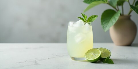 Refreshing Lime and Mint Beverage in Glass with Ice Cubes on Marble Surface