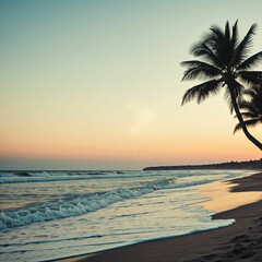 A serene beach sunset with soft pastel skies, gentle waves crashing on the shore, and a silhouette of a palm tree, soft gradient colors.