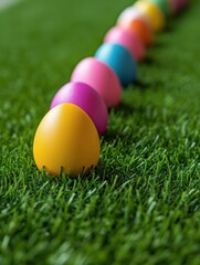 Naklejka premium easter, holidays and tradition concept - row of colored eggs on artificial grass