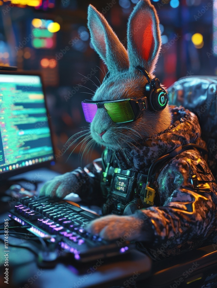 Poster the easter bunny is a programmer. the easter bunny is working at the computer. the hacker rabbit