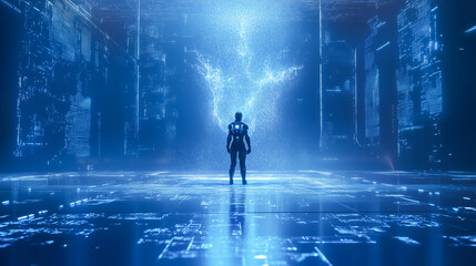 humanoid robot interacting with holographic data, futuristic and sleek design, glowing blue tones