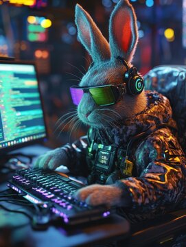 The Easter Bunny is a programmer. The Easter bunny is working at the computer. The Hacker Rabbit