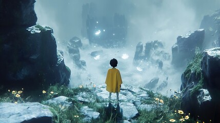 Fototapeta premium Mystical Journey: A Child's Exploration of a Foggy Mountain Landscape