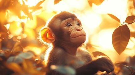 A young monkey gazes thoughtfully amidst golden foliage, capturing a serene moment in nature.