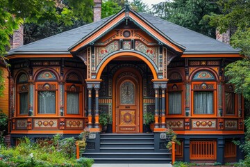 Obraz premium A charming Victorian house with bay windows and a brightly painted arched front door, surrounded by intricate woodwork