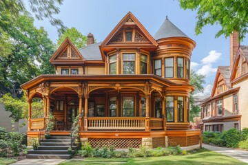 A charming Victorian house with intricate woodwork, a wraparound porch, and tall bay windows