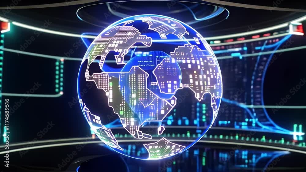 Poster futuristic 3d globe rotating with glowing data points and neon lines showcasing digital technology a
