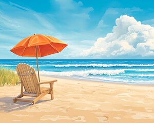 Serene Beach Scene with an Orange Umbrella and Wooden Chair on Soft Sand Under a Clear Blue Sky with Gentle Waves Lapping on the Shore