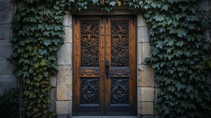 Obraz premium Ornate Wooden Door Framed By Lush Green Ivy