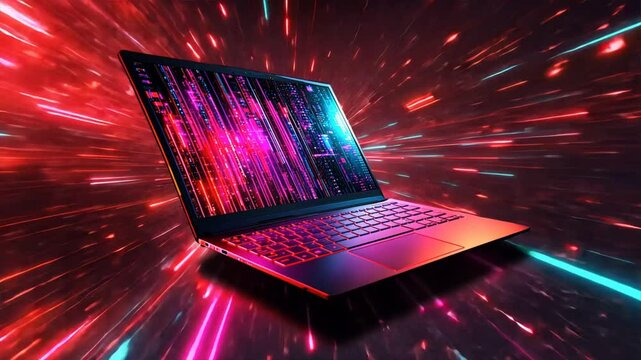 Futuristic Laptop with Colorful Neon Lights and Digital Patterns Modern Technology Experience of Speed and Data in Bright, Dynamic Atmosphere.