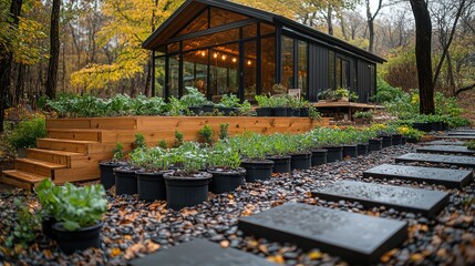 [Eco-friendly gardening practices permaculture sustainable] Modern Earth-Toned House Amidst Lush Landscape with Wooden Deck and Serene Pathway