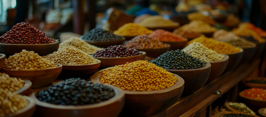 Fototapeta premium A table shows wooden bowls filled with a vibrant assortment of beans, beans, soybeans, rice and wheat, highlighting the variety and color.