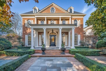 Fototapeta premium A classic colonial home with symmetrical design, brick exterior, and detailed white columns