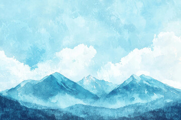 Majestic Mountain Landscape in Serene Watercolor Style with Soft Blue Tones
