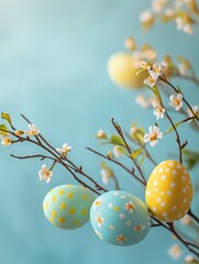Fototapeta premium colorful small easter eggs with flowers and branches on a light blue background - yellow and green tones - easter card background - spring design element - generative ai