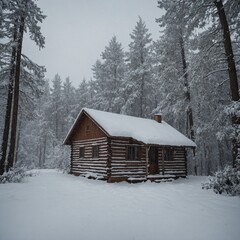 A cabin isolated by heavy snowfall, trees barely visible.