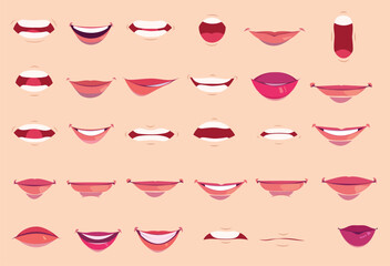 Creative vector image of mouth and lips sync flat set for graphic illustration and web design