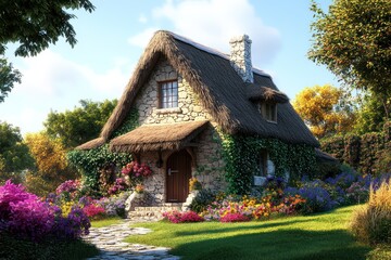 A classic countryside cottage with a thatched roof, ivy-covered stone walls, and a colorful flower garden