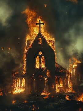 Church on fire,burning church. Church with cross burns in flames. Destroyed church 4k video